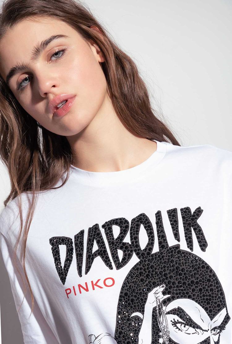 Women's Pinko Rhinestones T Shirts White | Australia-92167349