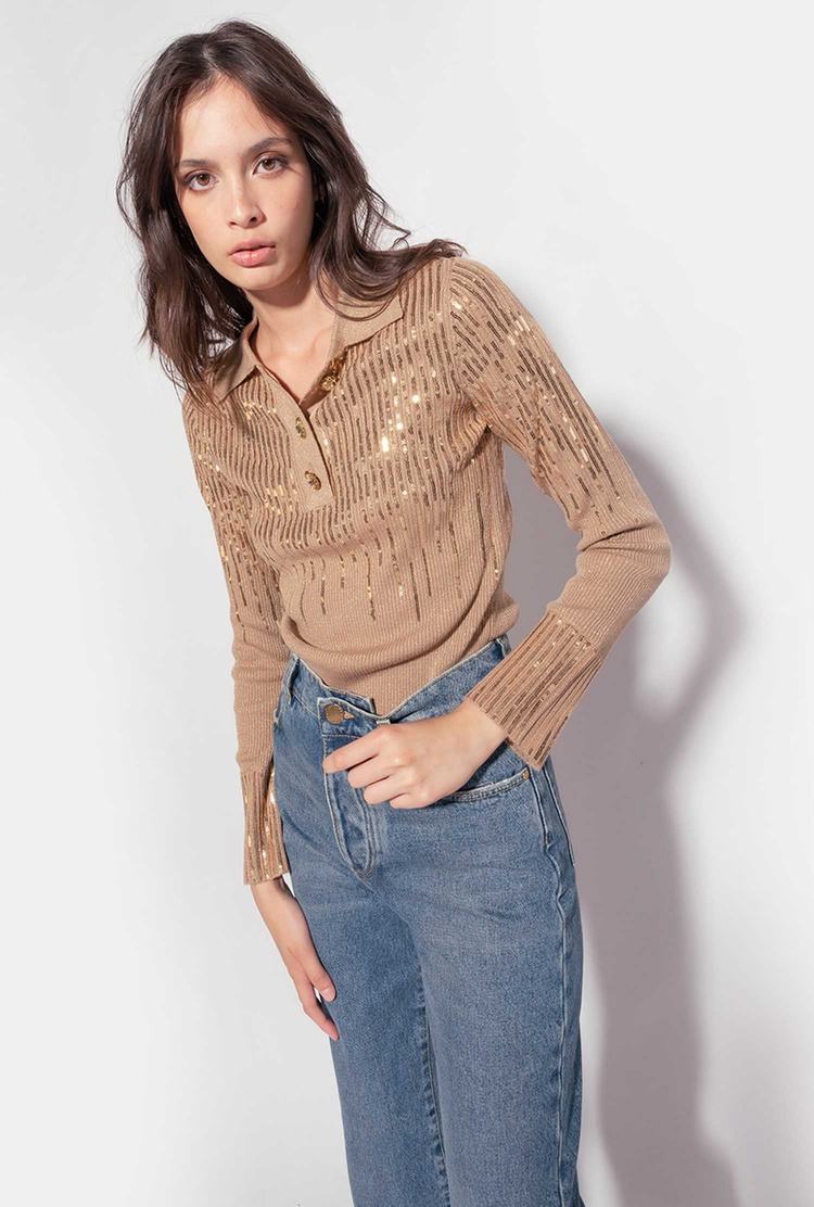 Women's Pinko Sequins Sweaters Brown/Gold | Australia-98034269