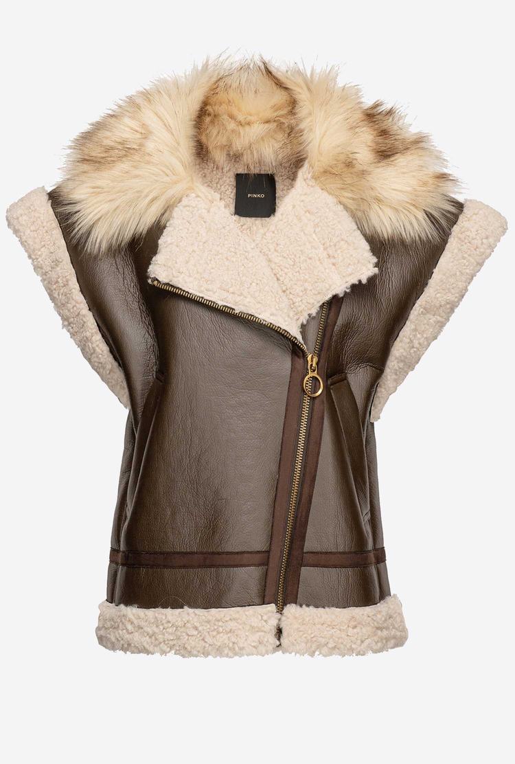 Women's Pinko Shearling-look Aviator Jackets Dark Brown/Beige | Australia-68472399