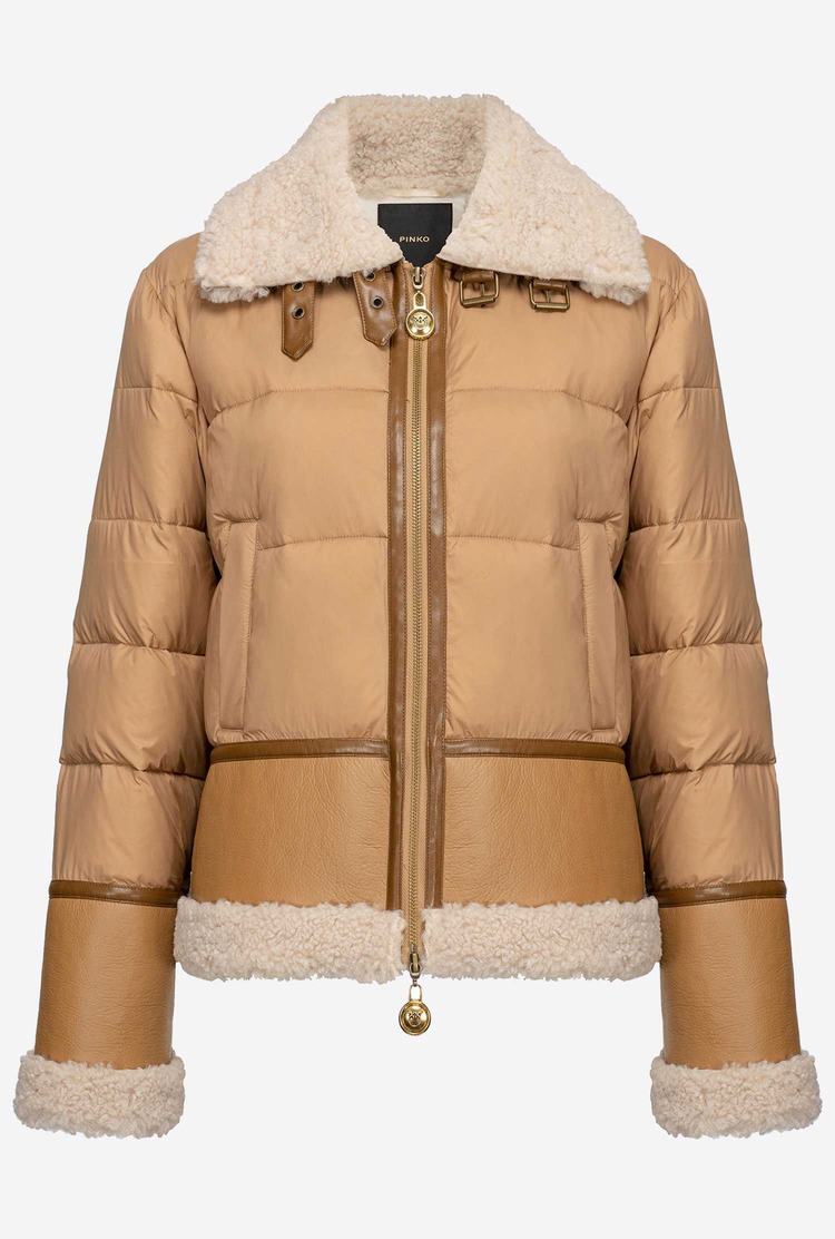 Women's Pinko Sheepskin-effect Faux Fur Detailing Down Jackets Brown/White | Australia-02745819