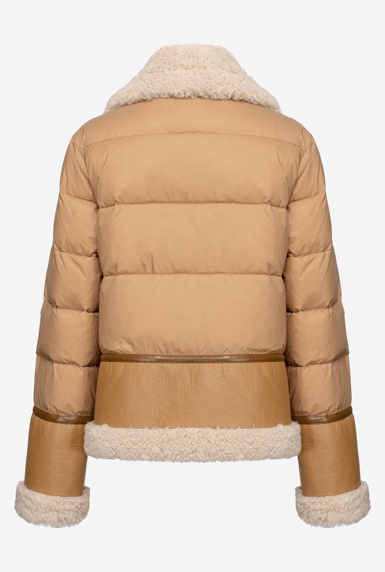 Women's Pinko Sheepskin-effect Faux Fur Detailing Down Jackets Brown/White | Australia-02745819