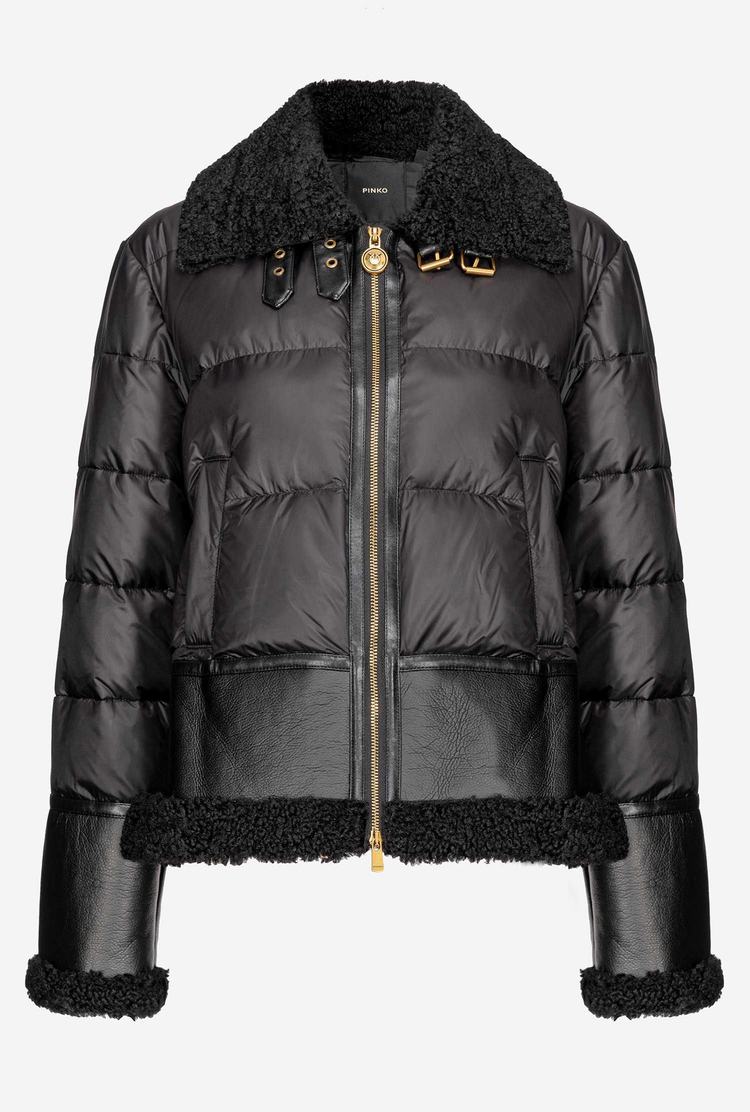 Women's Pinko Sheepskin-effect Faux Fur Detailing Down Jackets Black | Australia-45680919