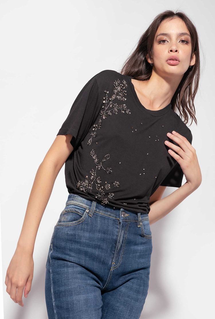 Women's Pinko Shiny Floral Embroidery T Shirts Black | Australia-94386519