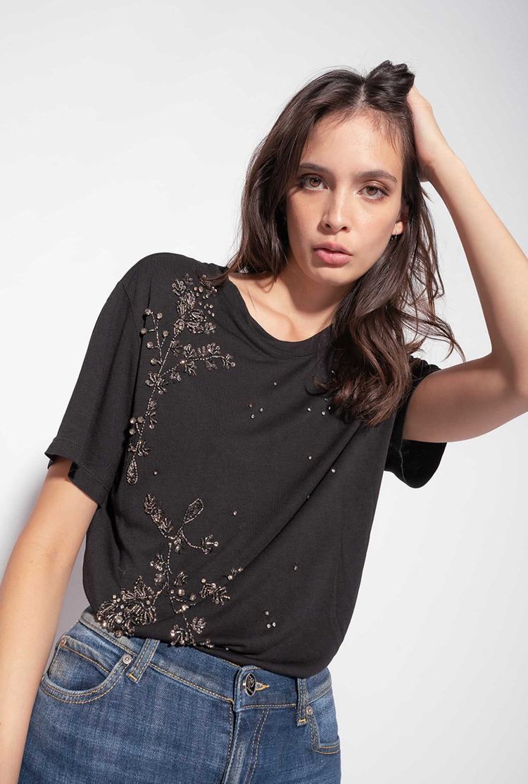 Women's Pinko Shiny Floral Embroidery T Shirts Black | Australia-94386519