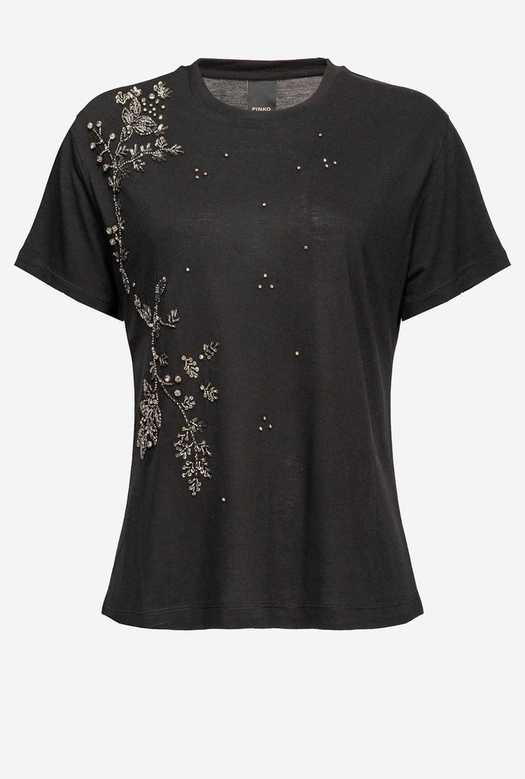 Women's Pinko Shiny Floral Embroidery T Shirts Black | Australia-94386519