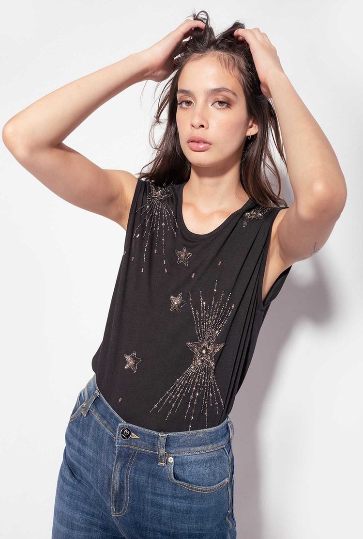 Women's Pinko Shiny Star Embroidery Tanks Black | Australia-37218609