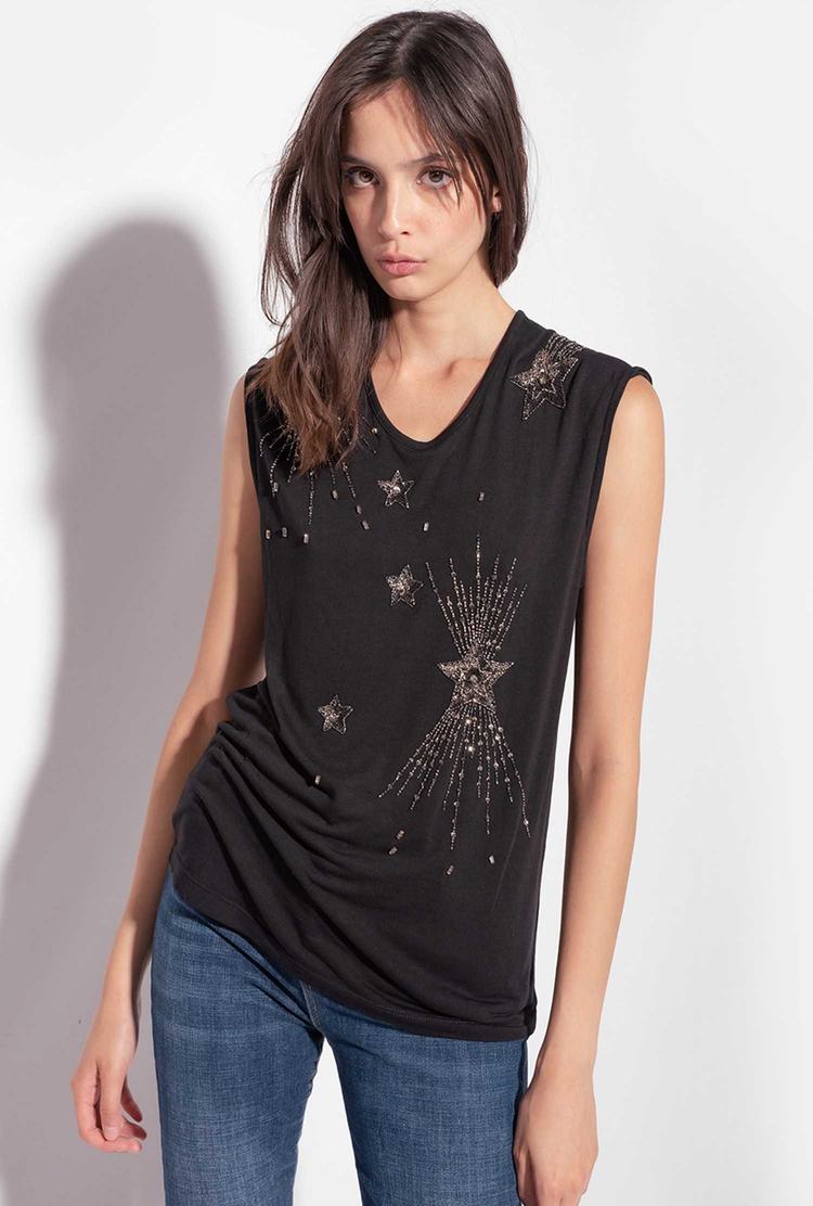 Women's Pinko Shiny Star Embroidery Tanks Black | Australia-37218609