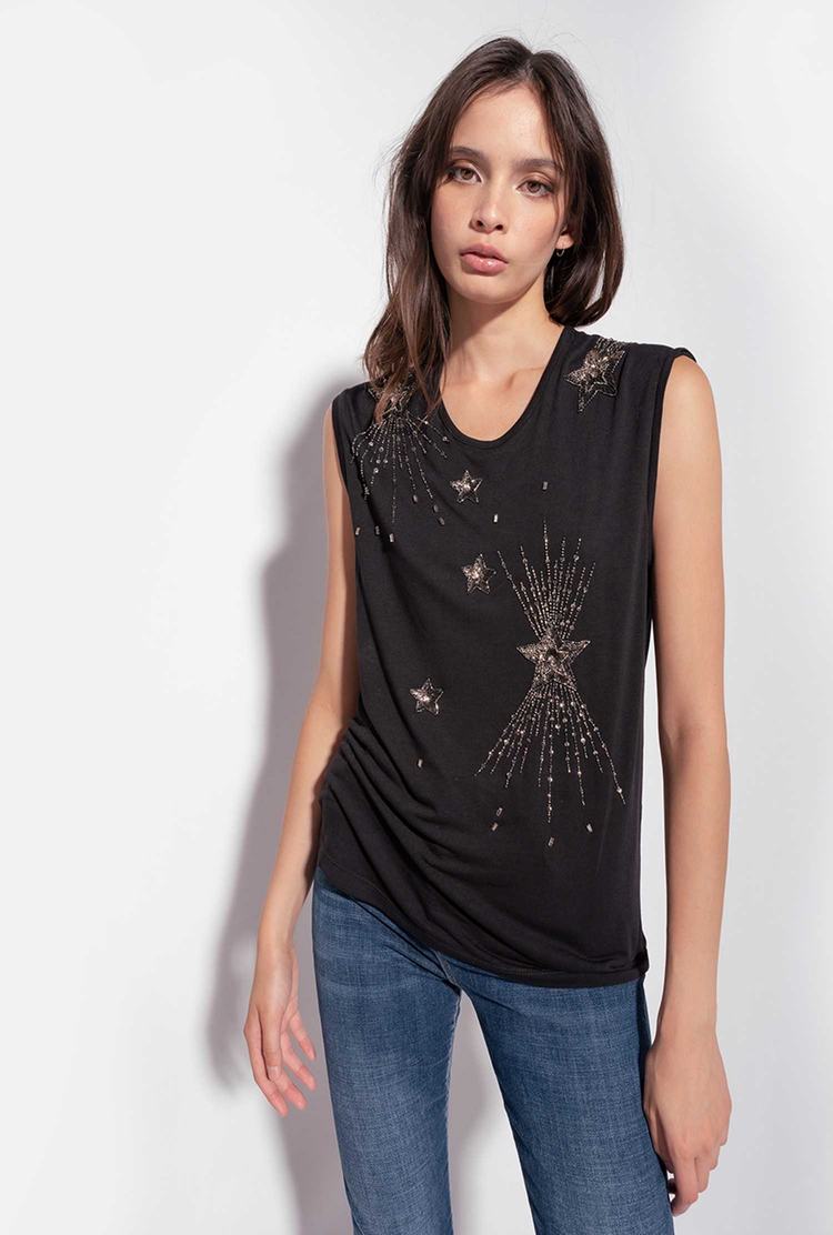 Women's Pinko Shiny Star Embroidery Tanks Black | Australia-37218609