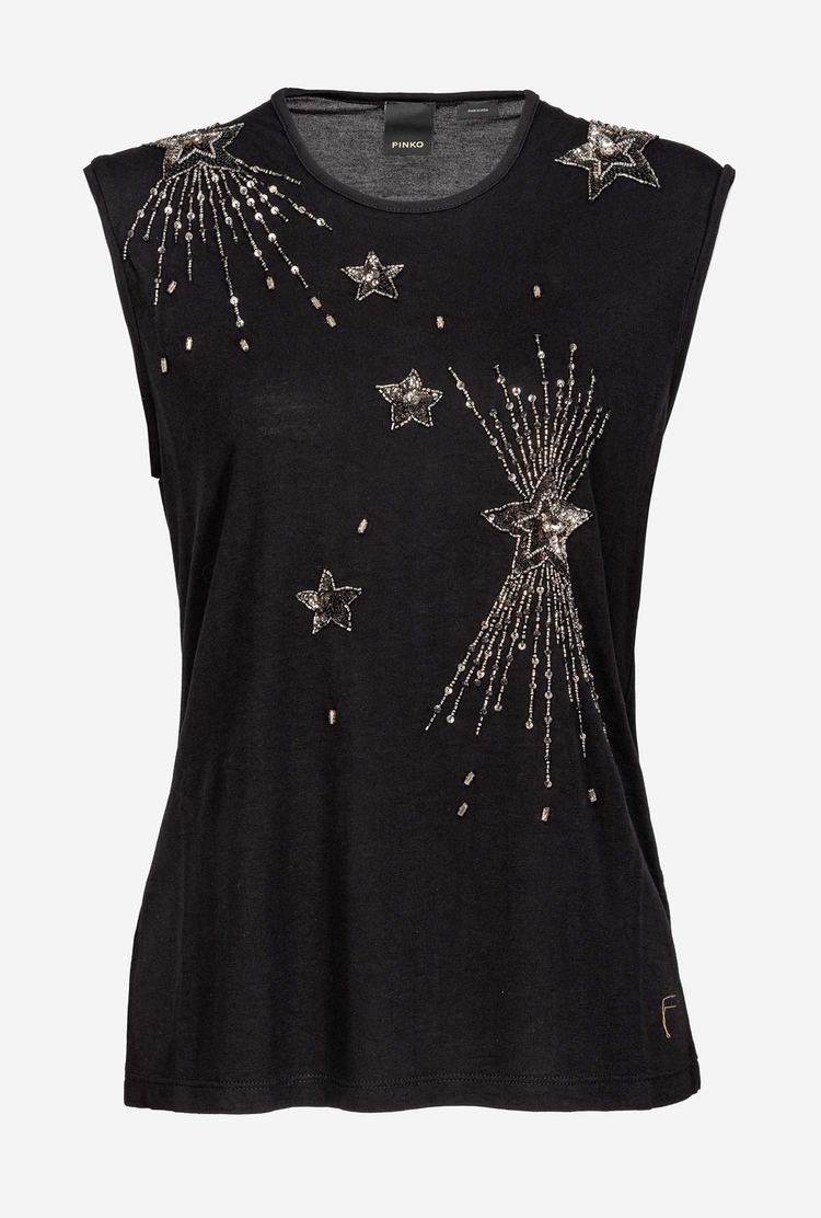 Women's Pinko Shiny Star Embroidery Tanks Black | Australia-37218609