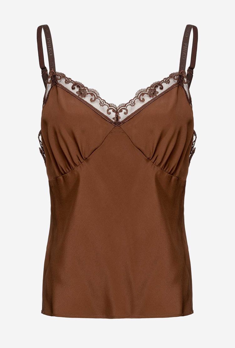 Women's Pinko Silk And Lace Tanks Dark Brown | Australia-75129489