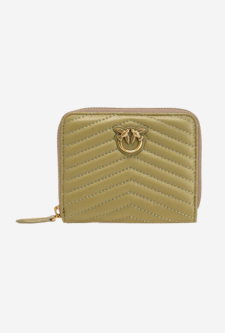 Women\'s Pinko Small Zip-around In Chevron-patterned Nappa Leather Purses Olive Green Gold | Australia-89523149