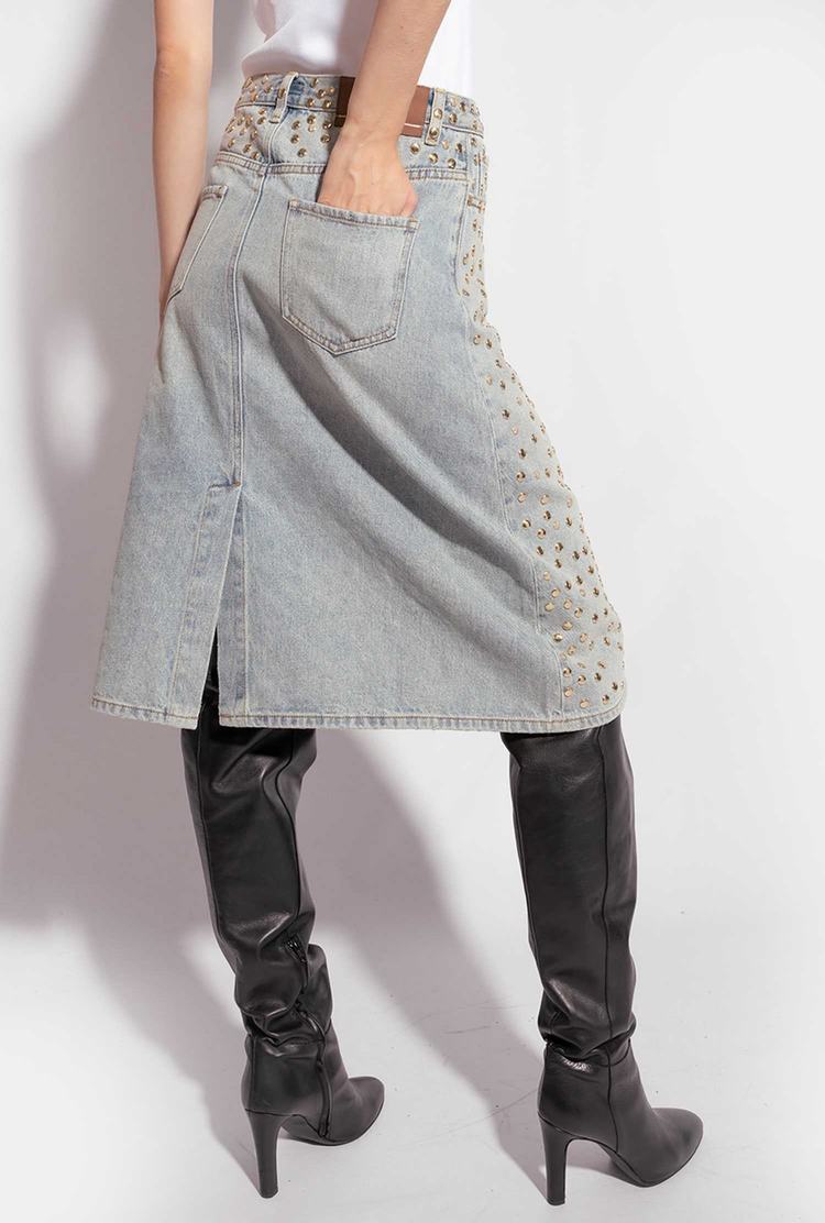 Women's Pinko Studded Denim Skirts Blue | Australia-78136529