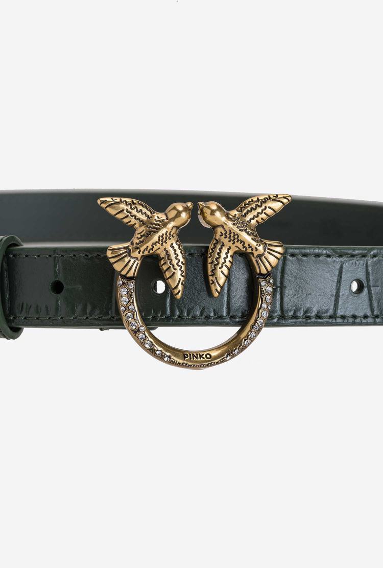 Women's Pinko Thin Crocodile-print Love Birds Leather Belts Green Gold | Australia-27184599