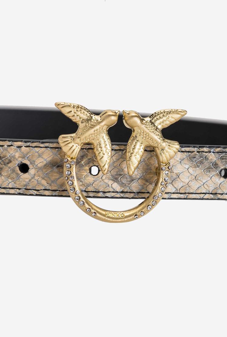 Women's Pinko Thin Python-print Love Birds Leather Belts Beige/Black/Brown Gold | Australia-12056439