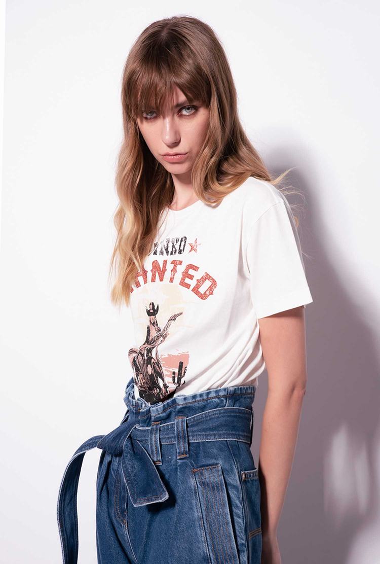 Women's Pinko Wanted Print T Shirts White | Australia-28751909