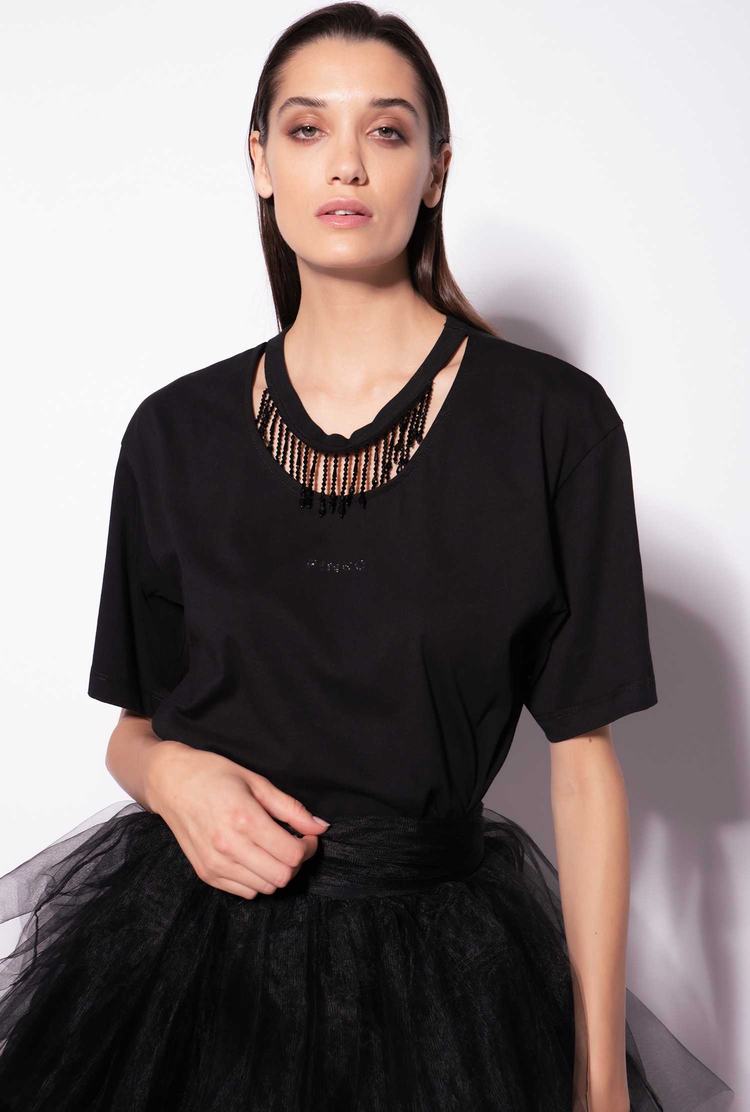 Women's Pinko Beads On The Neck T Shirts Black | Australia-16037459