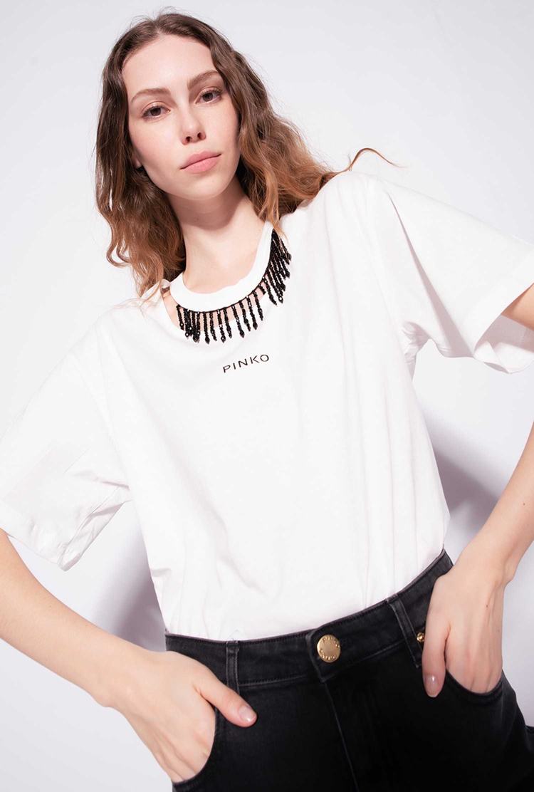 Women's Pinko Beads On The Neck T Shirts White | Australia-26417839