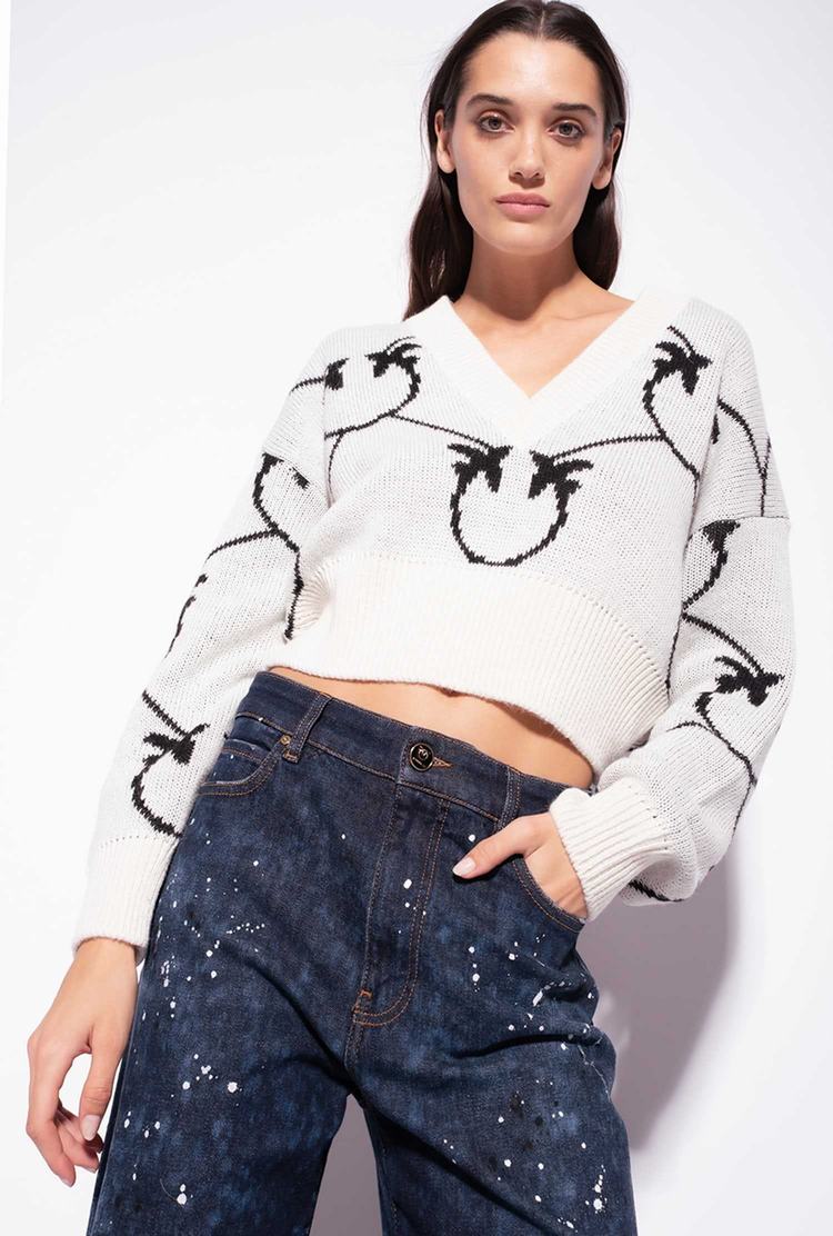 Women's Pinko Cropped Monogram Jacquard Pullover Cream/Black | Australia-74065319