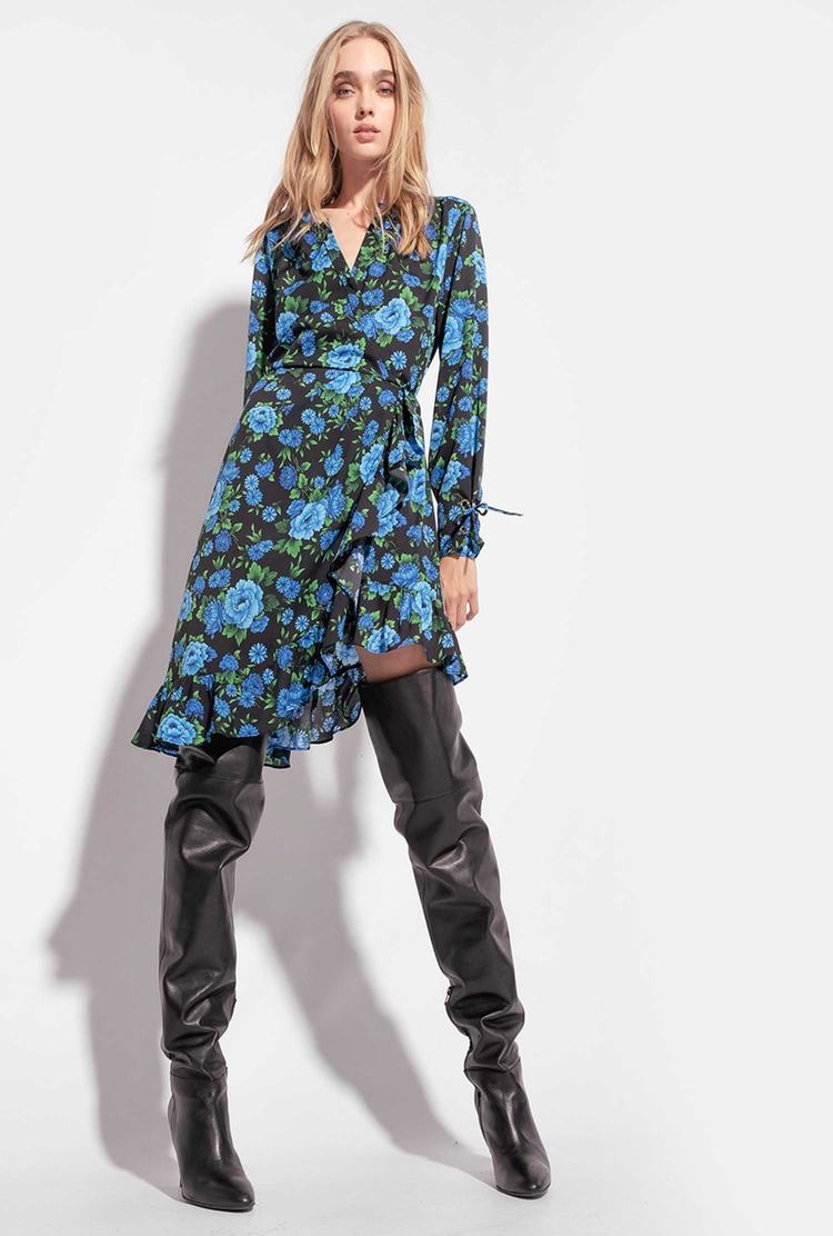 Women's Pinko Floral Wrap Dress Multicolor Black/Flower Blue | Australia-28317609