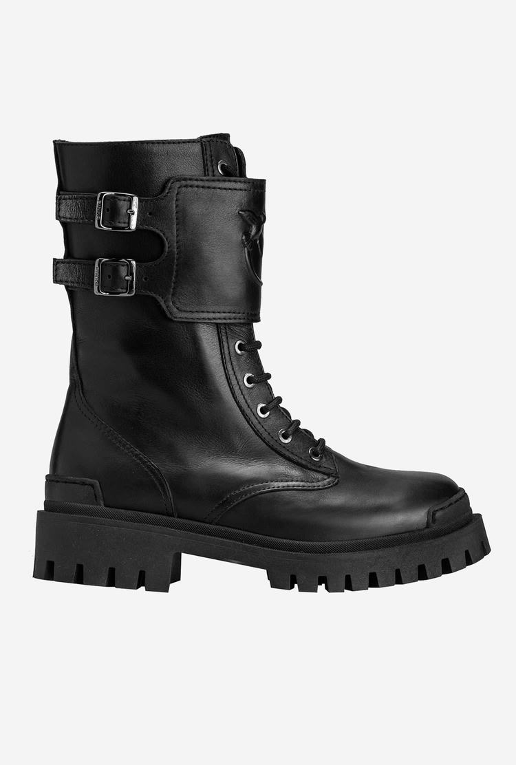 Women's Pinko Leather Combat Boots Black | Australia-67915089