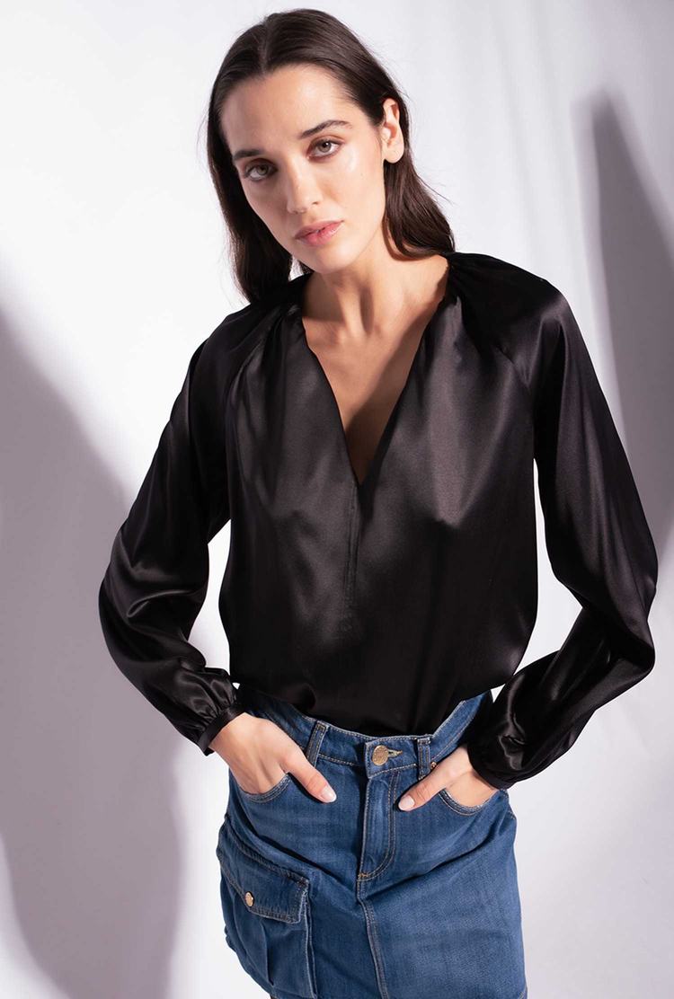 Women's Pinko Long-sleeved Stretch Satin Shirts Black | Australia-50314979