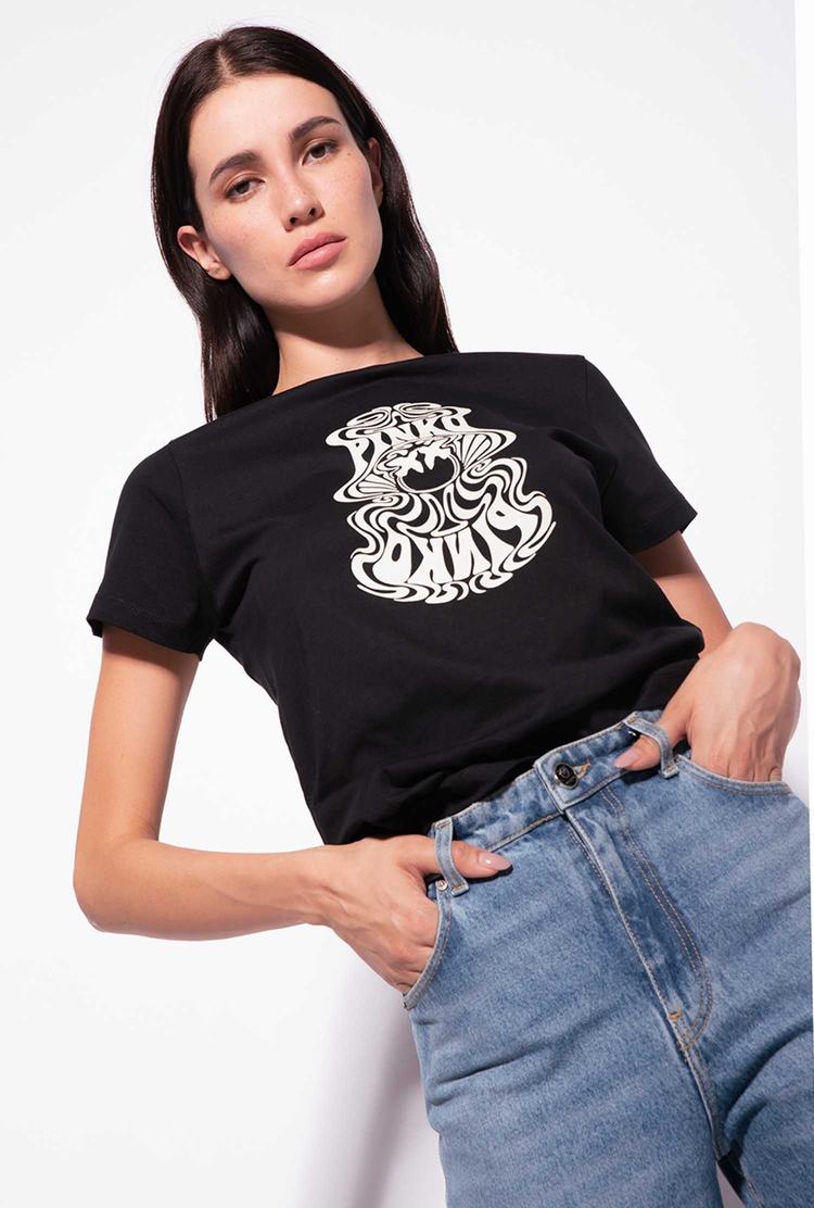 Women's Pinko Love Birds Logo T Shirts Black | Australia-52473909