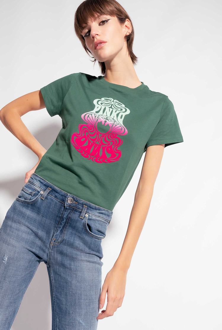 Women's Pinko Multicoloured Love Birds Logo T Shirts Green Multicolor/Pink | Australia-19670539