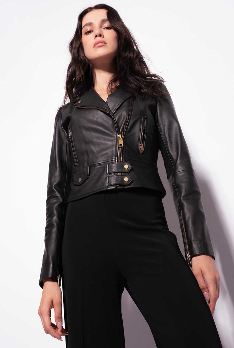 Women's Pinko Nappa Leather Biker Jacket Black | Australia-48716059